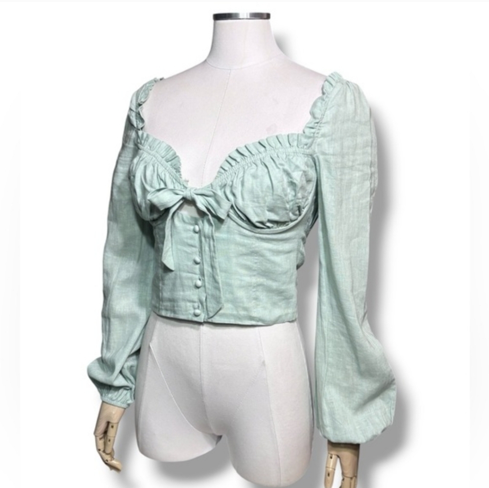 PRINCESS POLLY Light Green Cropped Tie Front Milkmaid Top Size 4